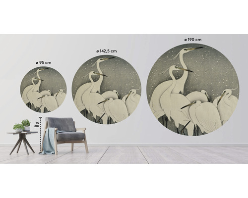 Wanddecoratie met reigermotief in drie verschillende formaten, 95 centimeter doorsnede, 142,5 centimeter doorsnede en 190 centimeter doorsnede