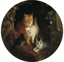 Schilderij van een groep katten op een kussen