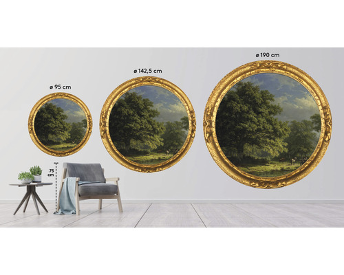 Drie ronde landschapsschilderijen met gouden lijst in de maten 95 cm, 142,5 cm en 190 cm