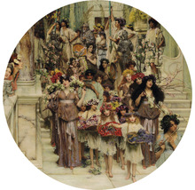 Schilderij van een processie van mensen met bloemen en muziekinstrumenten.