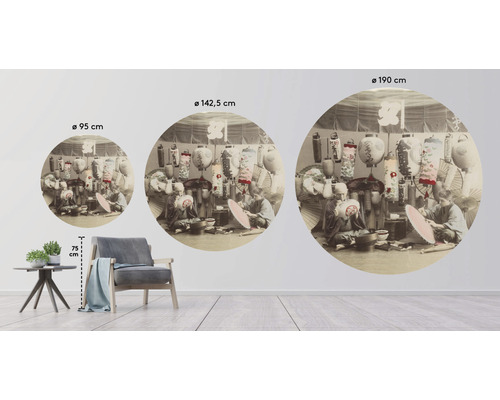 Illustratie van muurstickers in drie verschillende formaten met een motief van Aziatische ambachtslieden