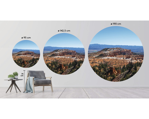 Drie ronde muurstickers met een landschapsafbeelding in verschillende formaten boven een fauteuil en een bijzettafel