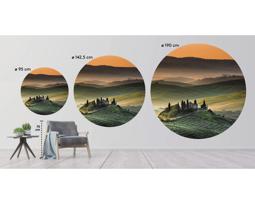 Drie ronde muurdecoraties met landschapsmotieven in verschillende maten