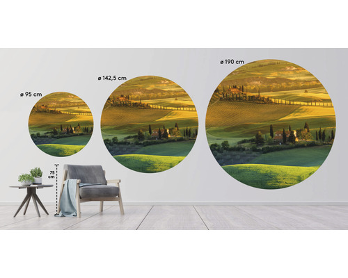 Drie ronde muurschilderingen met Toscaans landschap in verschillende maten