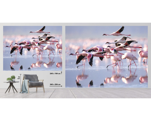 Fotobehang met flamingo''s die over een meer vliegen