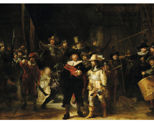 SPECIAL DECORATION Fotobehang vlies Rembrandt Nachtwacht 243x184 cm Schilderij De Nachtwacht van Rembrandt, met een groep mannen met hoeden, wapens en een hond.