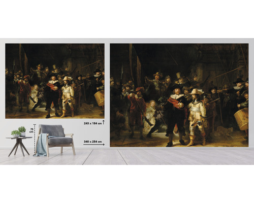 Behang met het schilderij ''De Nachtwacht'' en afmetingen