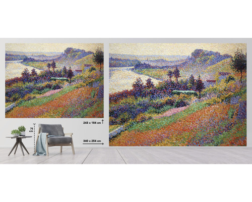 Wandafbeelding met landschapsmotief in pointillistische stijl, maatvoering 243 x 184 centimeter en 340 x 254 centimeter