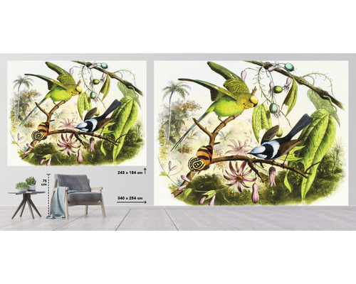 Vliesbehang met vogel- en plantmotief