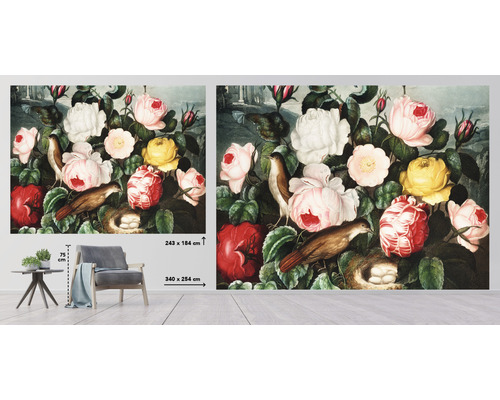Wandafbeelding met rozen, vogels en een vogelnest