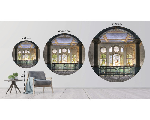 Decoratieve muursticker met historisch gebouw in drie maten: 95 cm, 142,5 cm en 190 cm diameter