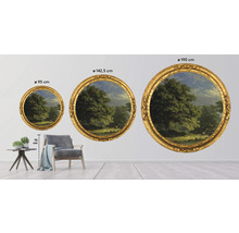 Drie ronde schilderijen met gouden frames en landschapmotieven, afmetingen 95 cm, 142,5 cm en 190 cm