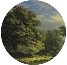 Schilderij van een groen boslandschap met bomen en paarden.