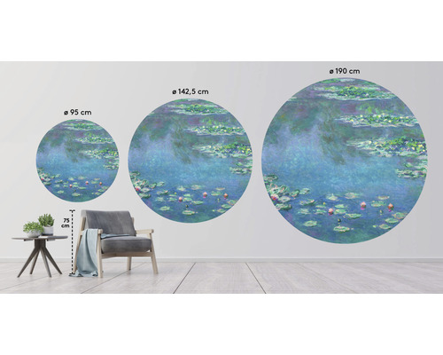 Drie muurschilderingen met waterleliemotieven in verschillende maten, diameter 95 cm, 142,5 cm en 190 cm.
