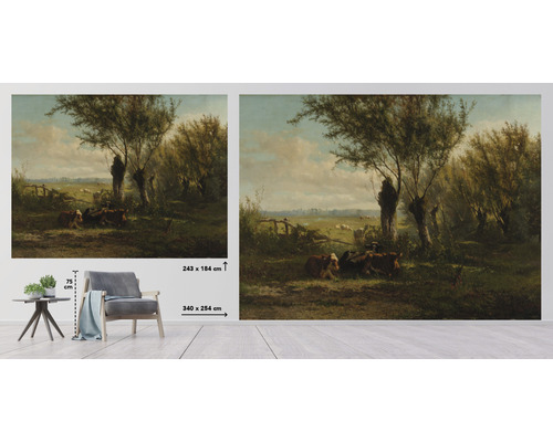 Wanddecoratie met landschap, inclusief koeien, bomen en hek, verkrijgbaar in twee maten