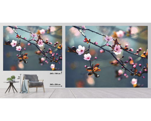 Fotobehang met kersenbloesemmotief in de ruimte, afmeting 340 x 254 centimeter