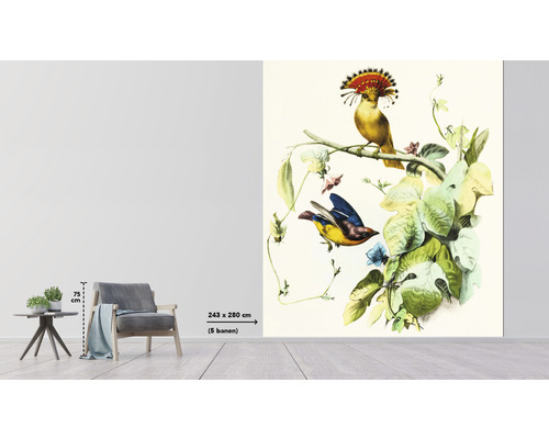 Kamerzicht met een behang met vogelmotieven en planten, afmetingen 243 bij 280 centimeter