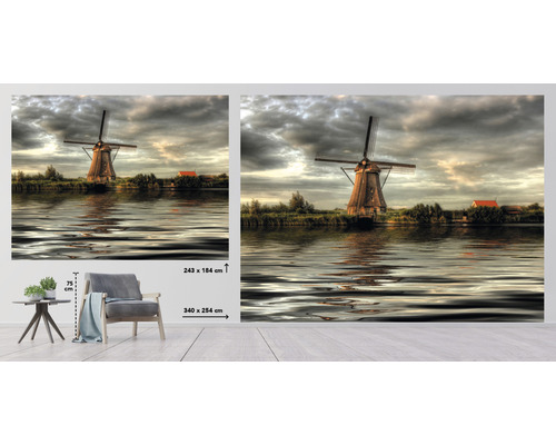 Fotobehang met windmolen en meer, maatindicaties 243 x 184 cm en 340 x 254 cm