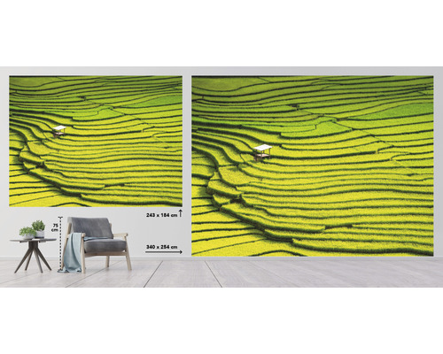 Fotobehang met rijstterrasmotief en klein huis