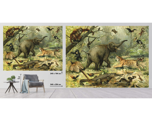 Illustratie van een jungle scène met olifant, tijger en krokodil als wanddecoratie