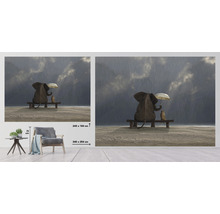 Wanddecoratie met olifant, stokstaartje en paraplu op een bank in de regen, maatvoering