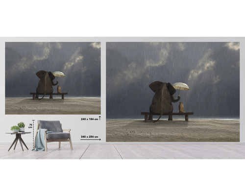 Wanddecoratie met olifant, stokstaartje en paraplu op een bank in de regen, maatvoering