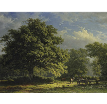 Schilderij van een boslandschap met bomen en een kar