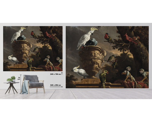 Wandafbeelding met apen en vogels in vintage stijl, 340 bij 254 centimeter