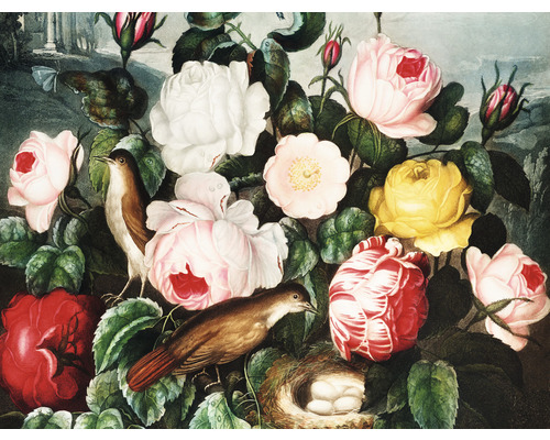 SPECIAL DECORATION Fotobehang vlies Thornton Bloemen en vogels 340x254 cm Schilderij van bloemen, twee vogels en een vogelnest