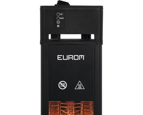 Detail van een elektrische kachel van Eurom met bedieningselementen, veiligheidswaarschuwingen en bedrijfslogo