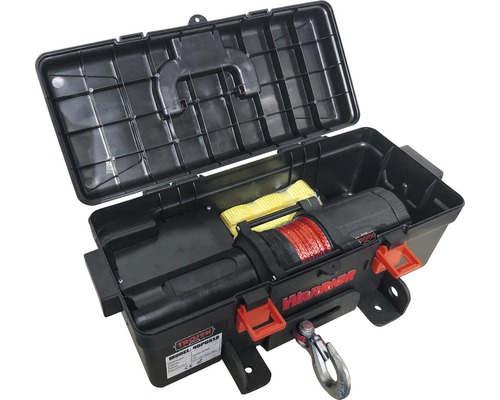 Elektrische lier met rode kabel en gele band in een zwarte opbergdoos