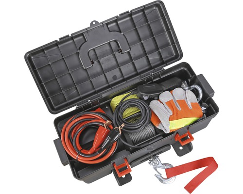 Gereedschapskist met startkabels, lier, sluiting en werkhandschoenen