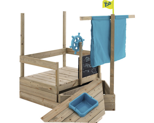 Houten speelschip met stuurwiel, zeil en schoolbord