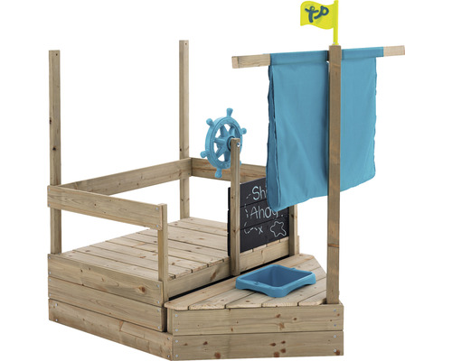 Houten speelschip met stuur, schoolbord en vlag