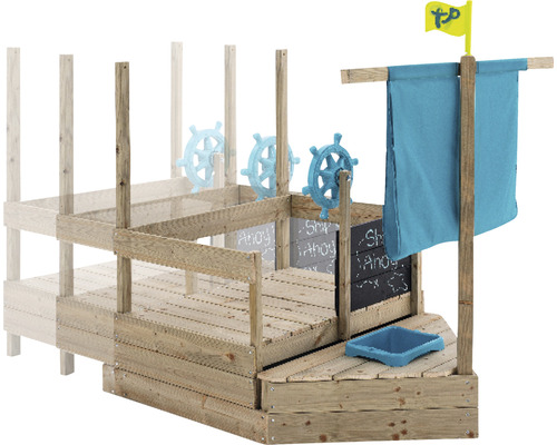 Houten speeltoestel in de vorm van een schip met stuurwiel, vlag en krijtbord