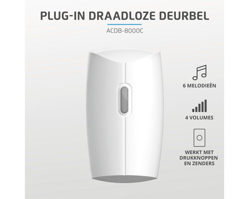 Draadloze stekkerdeurbel met zes melodieën en vier volumes