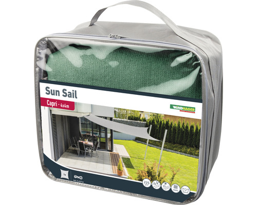 Verpakte Windhager Capri zonnescherm met afmetingen van 4x4 meter.