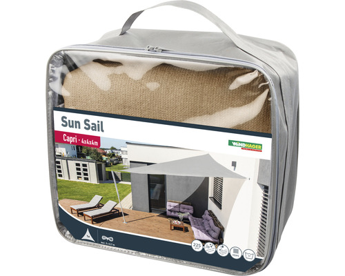 Verpakte Windhager Capri zonneschermen met afmetingen van 4x4x4 meter.