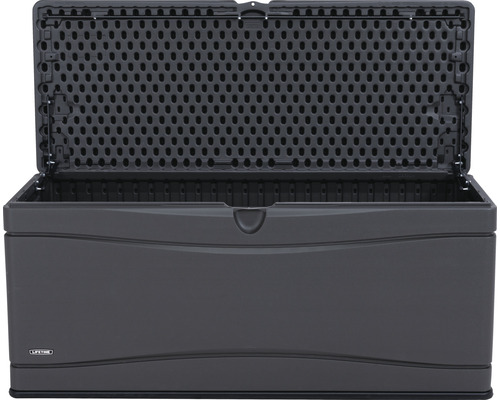 Geopende grijze kunststof opbergbox voor buiten