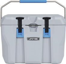 Grijze koelbox met een inhoud van 28 liter en een metalen handgreep.