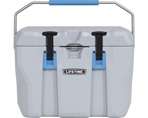 Grijze koelbox met een inhoud van 28 liter en een metalen handgreep.