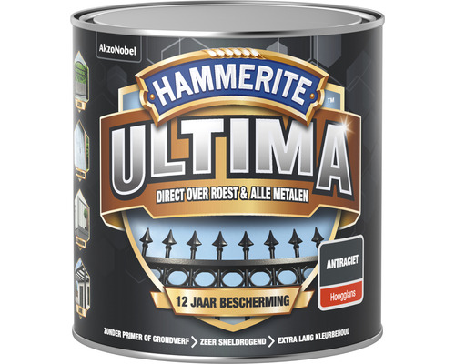 HAMMERITE Ultima hoogglans metaallak antraciet 250 ml Hammerite Ultima metaalverf antraciet hoogglans, geschikt voor direct over roest en alle metalen