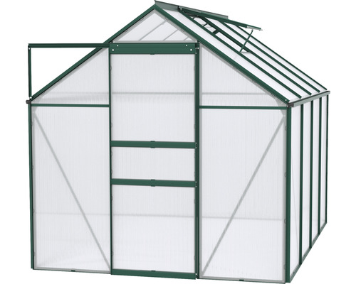 Tuinkas met polycarbonaatplaten en openstaande deur