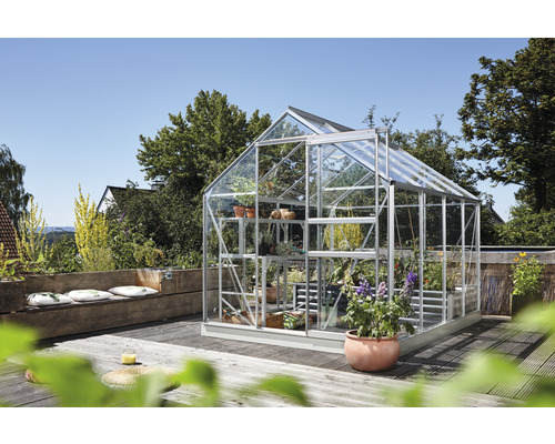 VITAVIA Tuinkas Planet 5000 veiligheidsglas 3 mm alublank, 195x257x207 cm Kas met planten op een terras