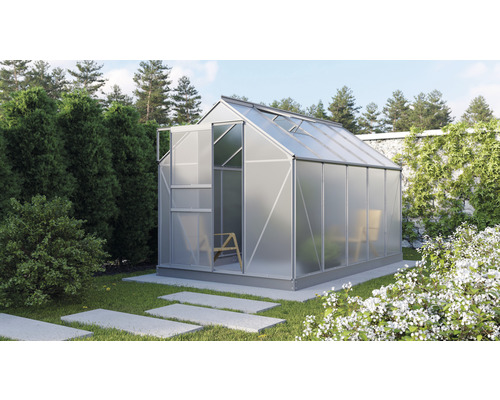 VITAVIA Tuinkas Planet 6200 polycarbonaat 6 mm alublank, 195x321x207 cm Tuinkas in de tuin met open deur en stapstenen in het gazon