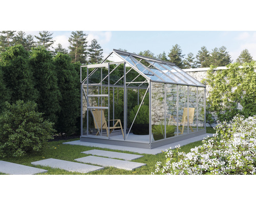 VITAVIA Tuinkas Planet 6200 veiligheidsglas 3 mm alublank, 195x321x207 cm Kas met glazen wanden en metalen frame in de tuin