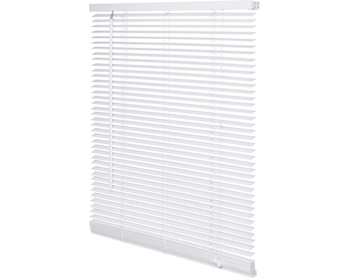 Witte jaloezie met horizontale lamellen en trekkoorden
