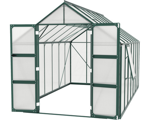 Kas met open deur en raam voor de tuin