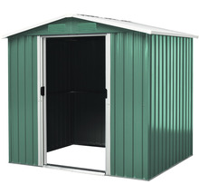 Open metalen tuinhuis met schuifdeur.