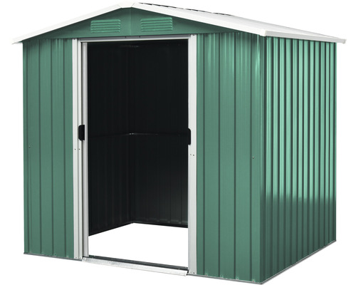 Open metalen tuinhuis met schuifdeur.